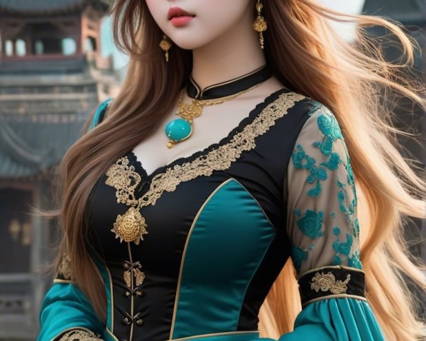 Young Woman in Elegant Turquoise Gown with Jewelry