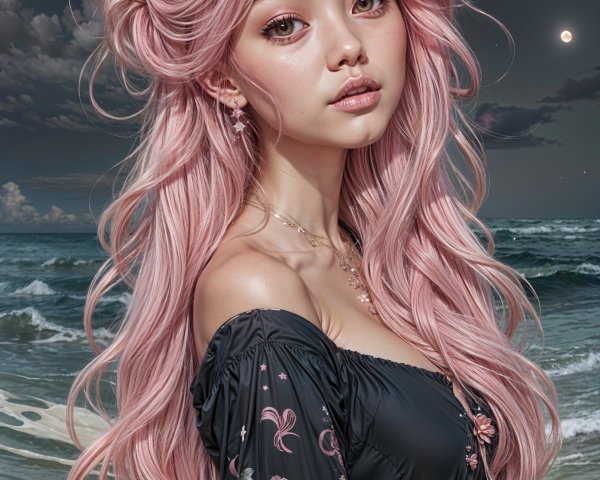 Ethereal figure by ocean under starry sky with moons