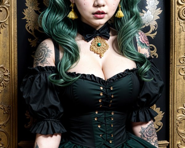 Gothic Woman with Green Hair and Serious Expression