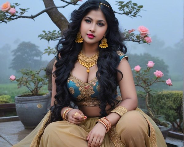 Young woman in traditional outfit amidst lush greenery