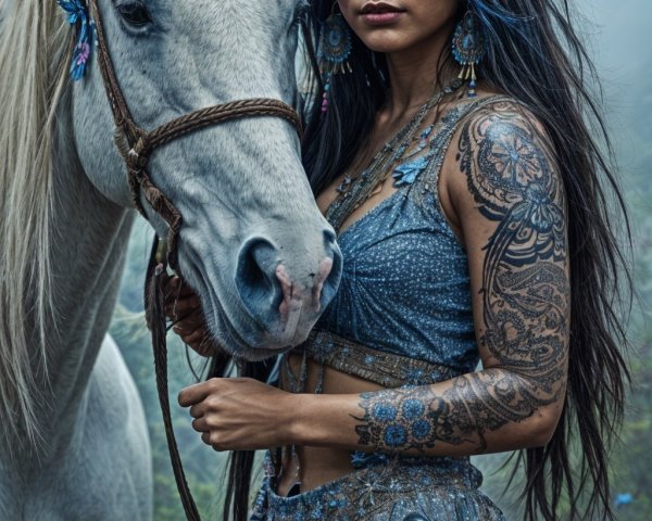 Mystical Forest Scene with Woman and White Horse
