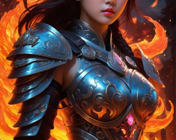 Warrior in Silver Armor Surrounded by Flames