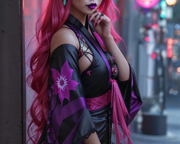 Woman with Pink Hair in Kimono by Lanterns