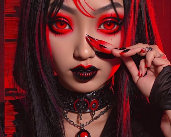 Individual with Long Black Hair and Red Highlights