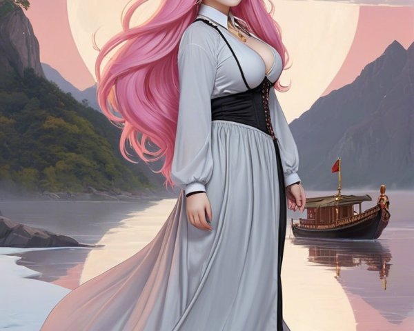 Serene scene of a woman by a glowing moonlit lake