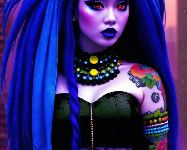 Vibrant Blue-Haired Figure in Urban Landscape