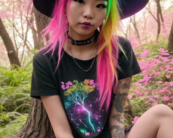 Young person in vibrant forest with colorful hair
