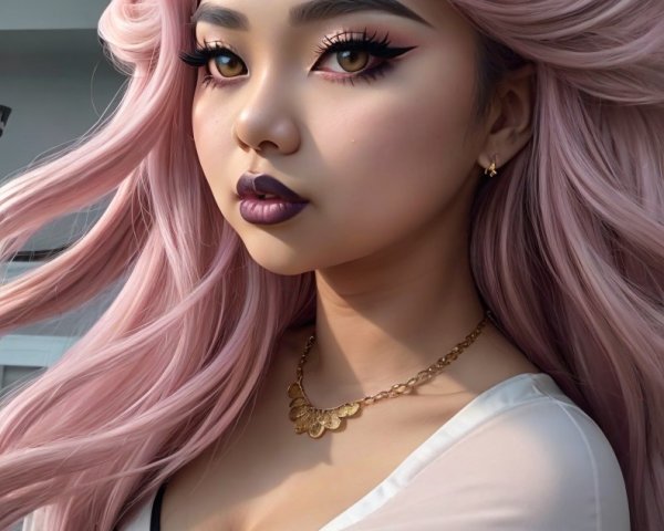 Young woman with pastel pink hair and golden eyes