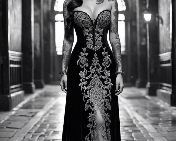 Elegant Woman in Embroidered Gown in Dim Corridor