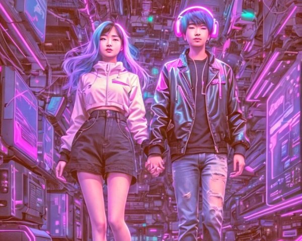 Futuristic Couple in Neon Digital Landscape