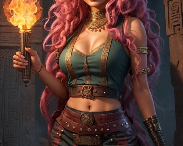 Confident Woman with Pink Hair and Flaming Torch