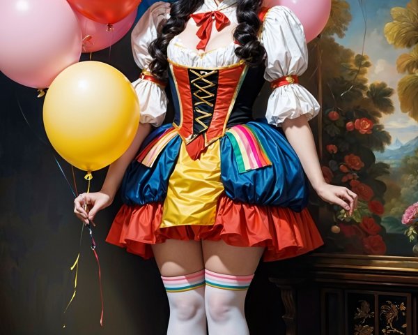 Young woman in colorful dress with festive balloons
