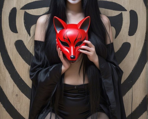 Young woman in dramatic outfit with fox mask and robe