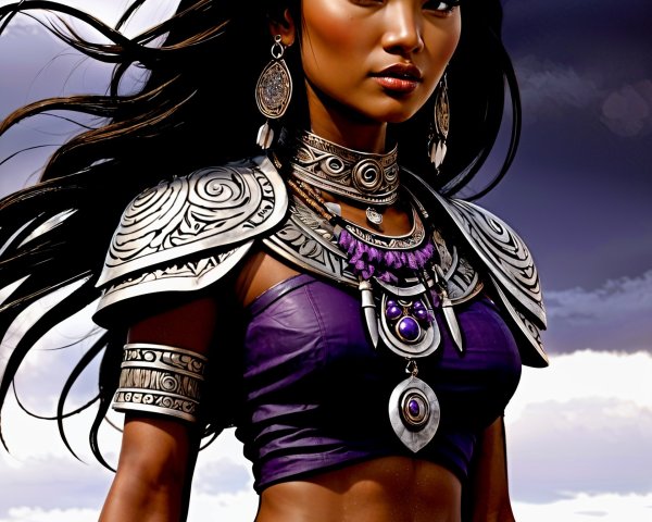 Powerful Woman in Silver Armor and Purple Fabric