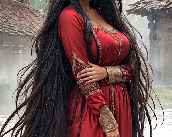 Elegant Woman in Red Gown in Misty Landscape
