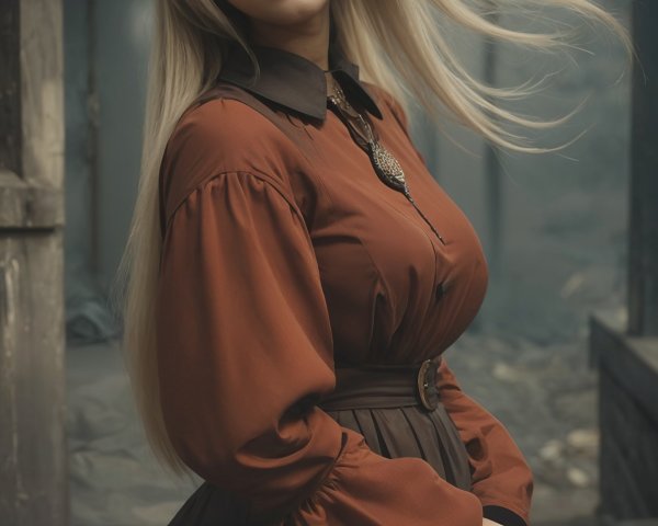 Young woman in vintage dress with artistic background
