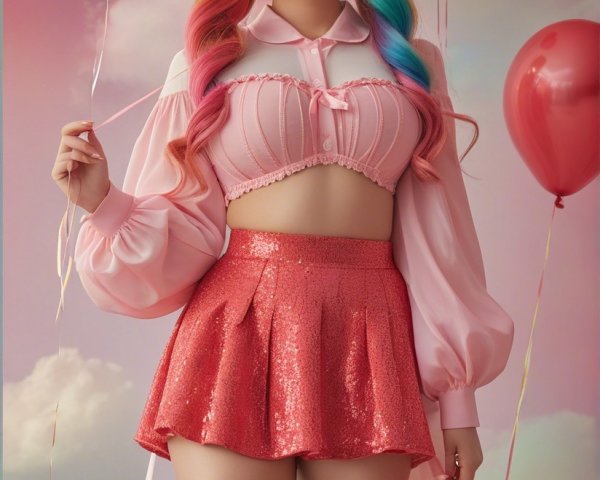 Young Woman in Pastel Theme with Colorful Balloons