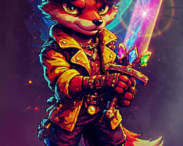 Steampunk Fox Character with Sword and Colorful Background