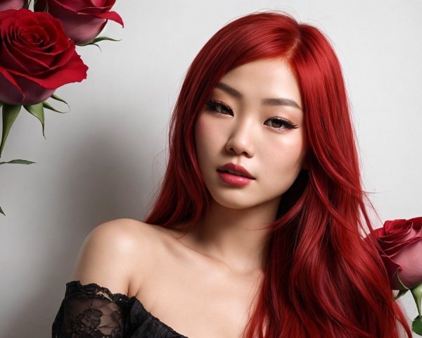 Young woman with red hair and dark roses backdrop