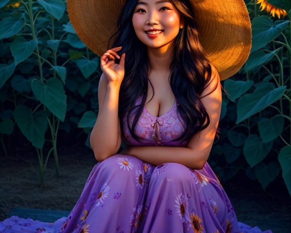 Young woman in lavender dress among sunflowers