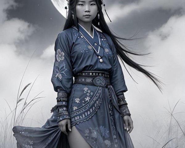 Young girl in blue kimono in misty landscape at night