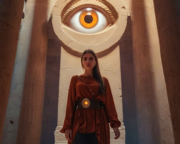 Young woman in ancient temple with mystical eye mural