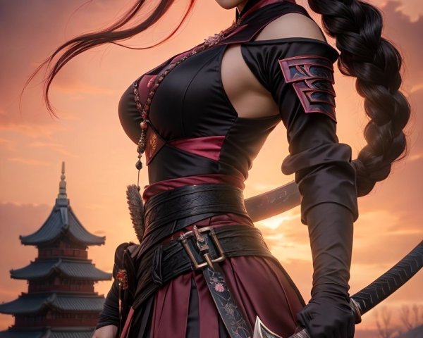 Fierce Warrior in Sunset with Cherry Blossoms and Sword