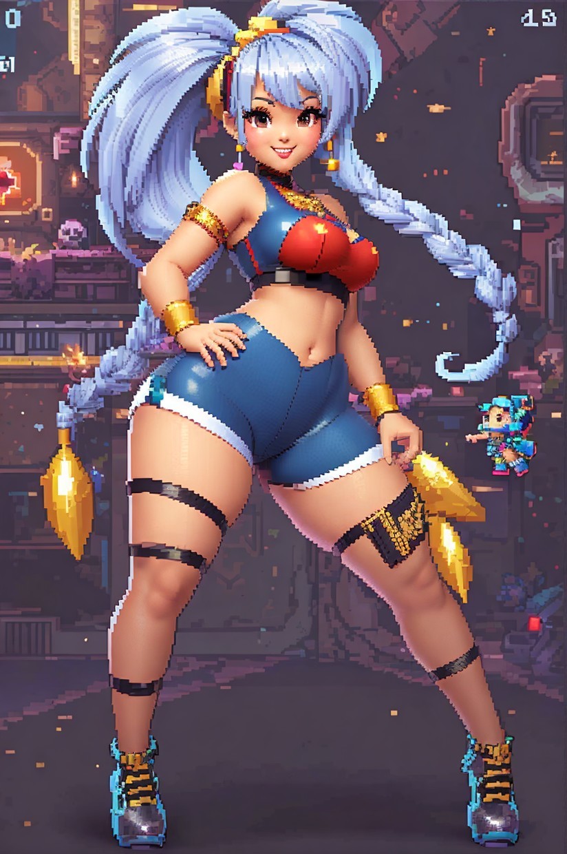 Futuristic Pixel Art Character in Cyberpunk Setting