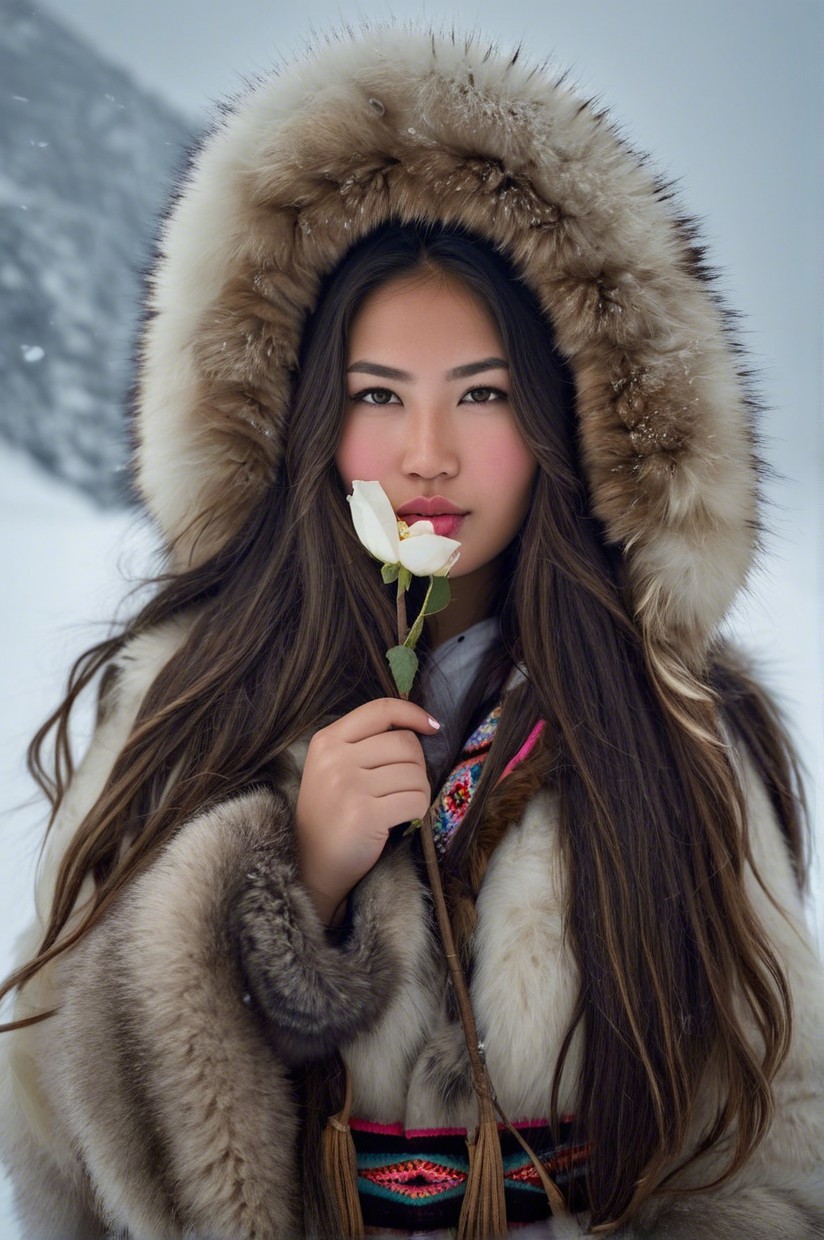 Young woman in fur coat with white rose in snow