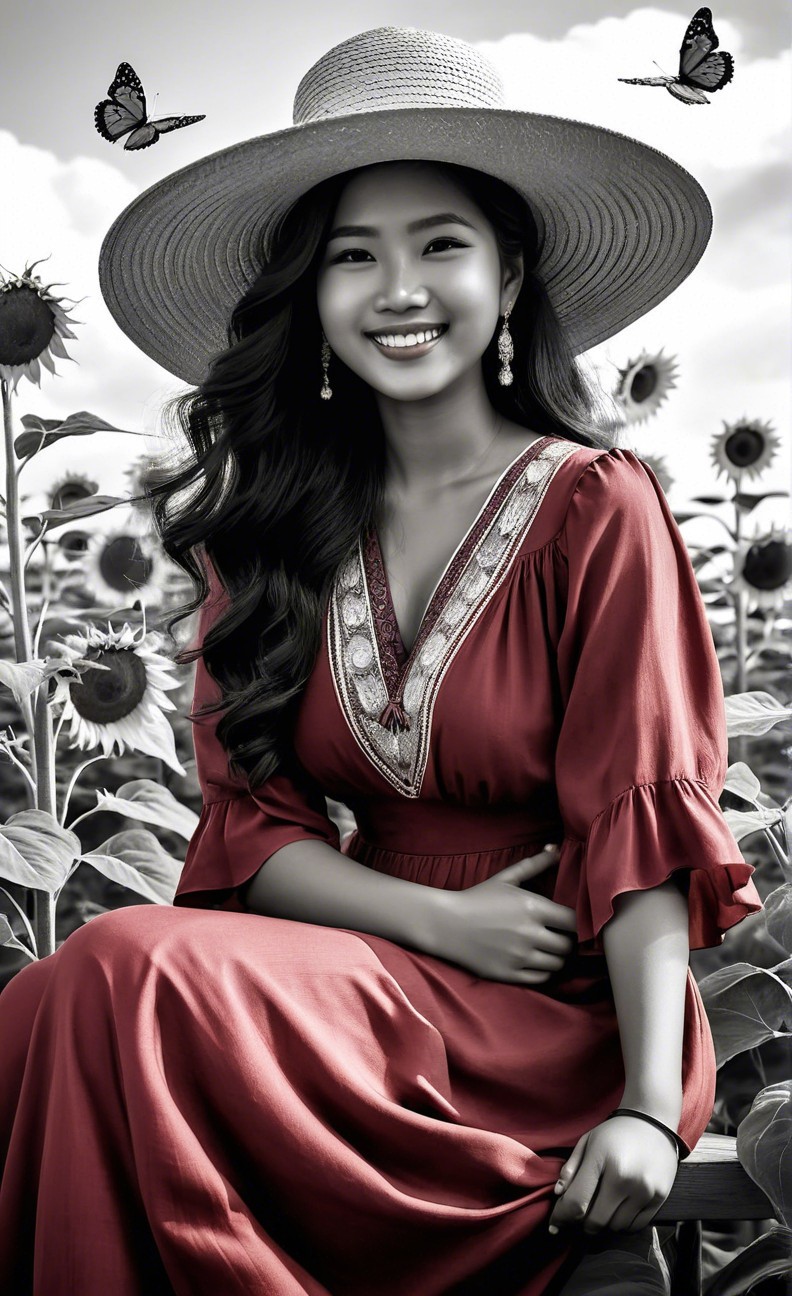 Young woman in red dress among sunflowers and butterflies