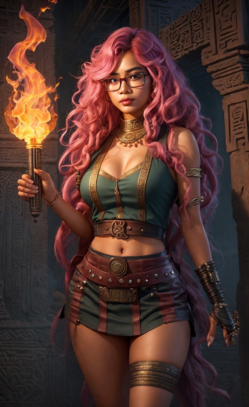 Confident Woman with Pink Hair and Flaming Torch