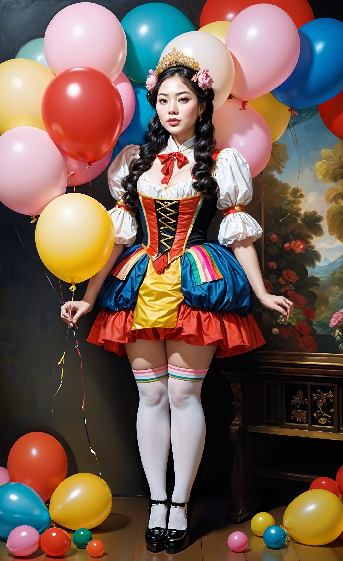 Young woman in colorful dress with festive balloons