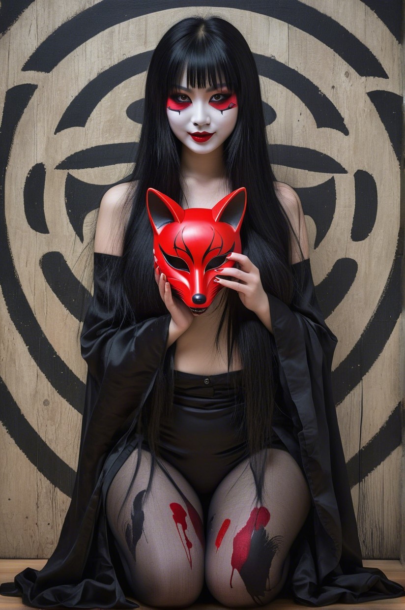 Young woman in dramatic outfit with fox mask and robe