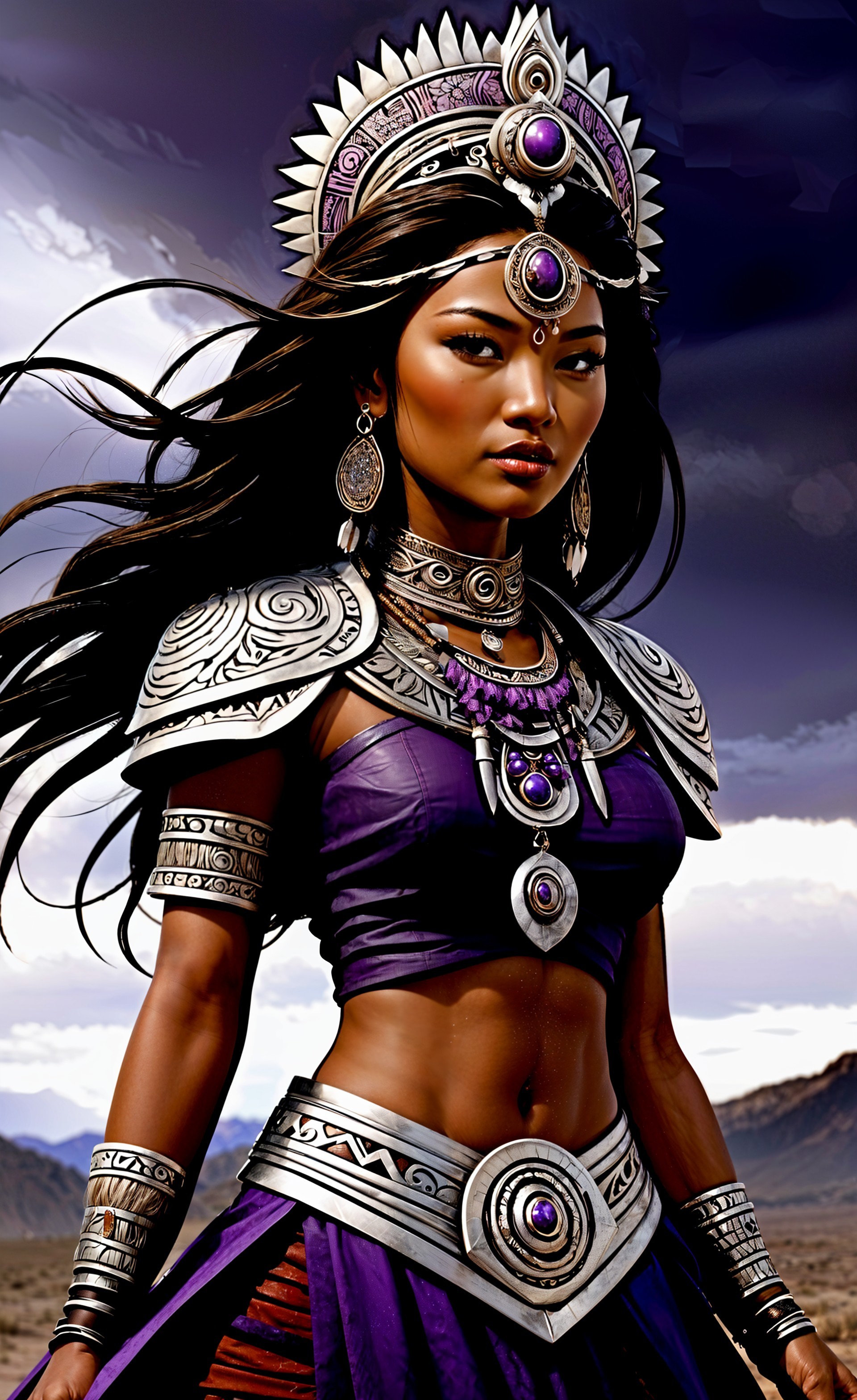 Powerful Woman in Silver Armor and Purple Fabric