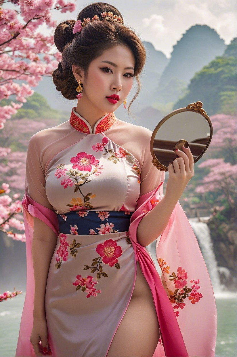 Elegant woman in floral gown among cherry blossoms