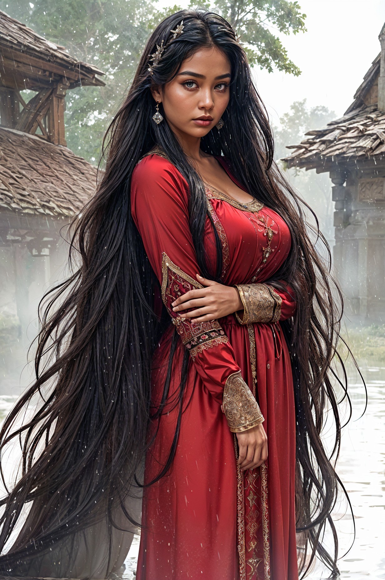 Elegant Woman in Red Gown in Misty Landscape