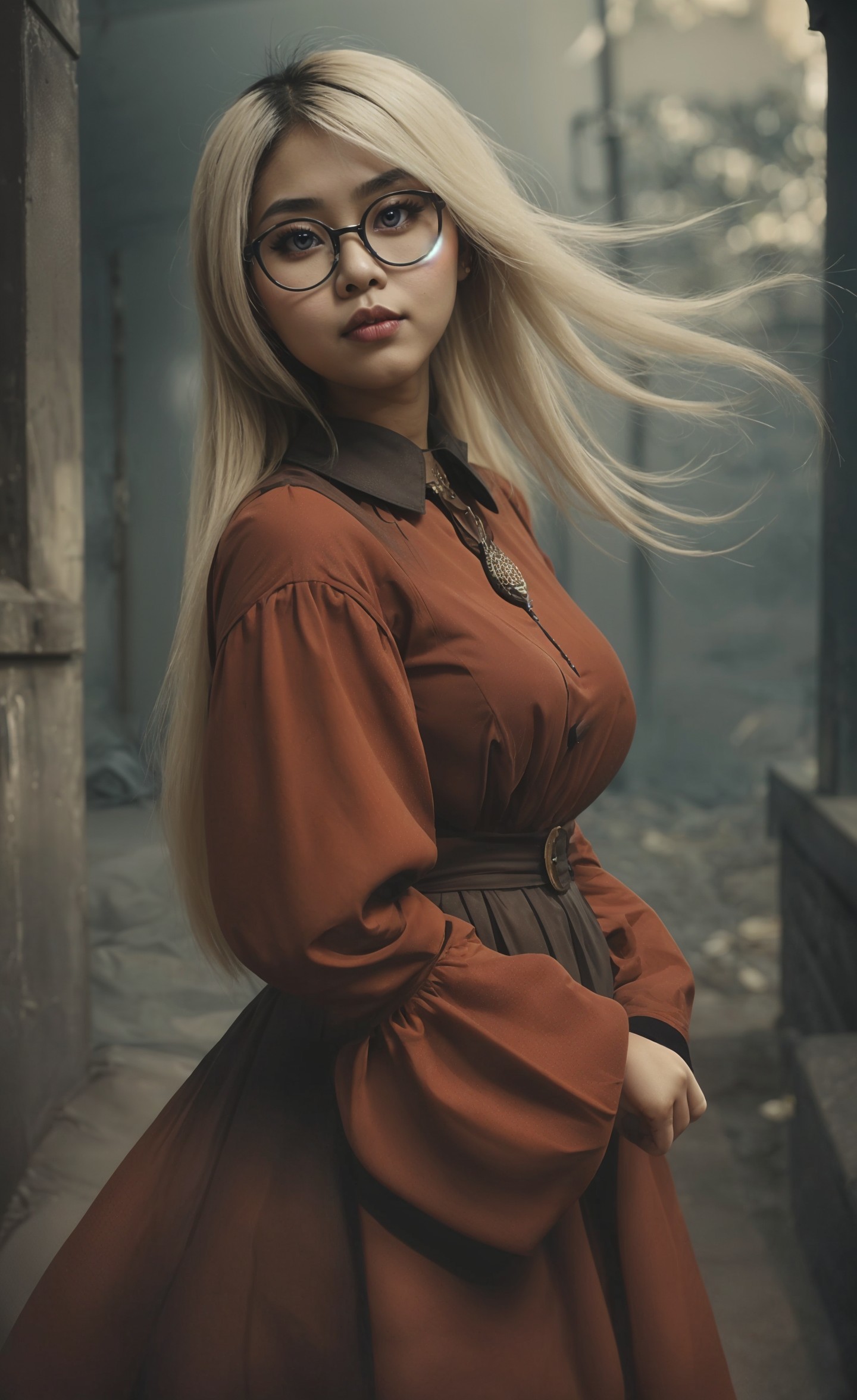 Young woman in vintage dress with artistic background