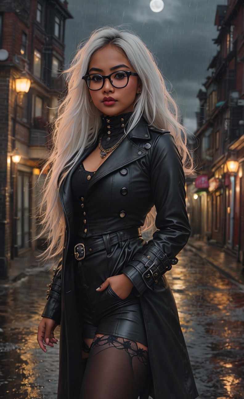 Chic Figure in Urban Alley Under Full Moonlight