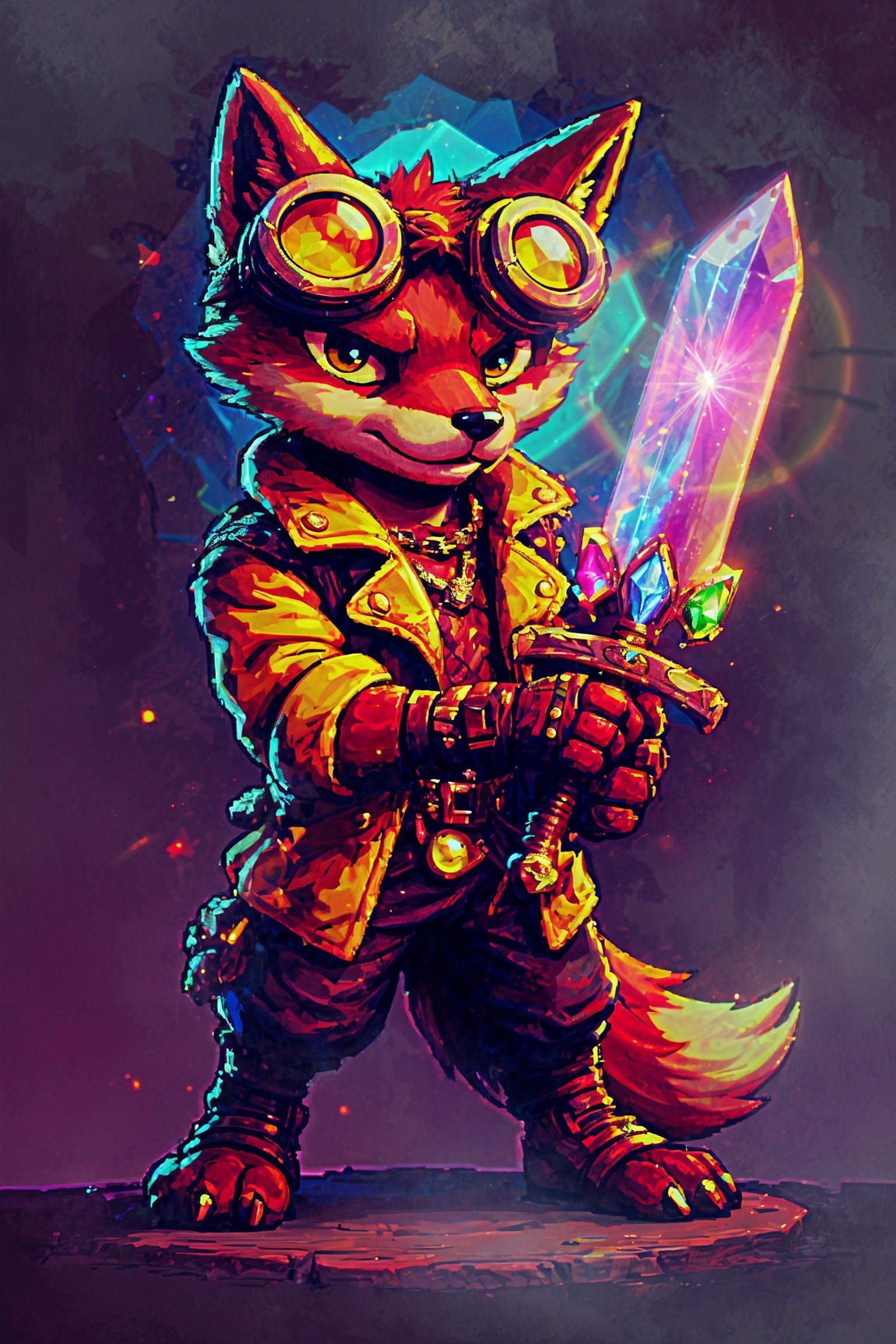 Steampunk Fox Character with Sword and Colorful Background
