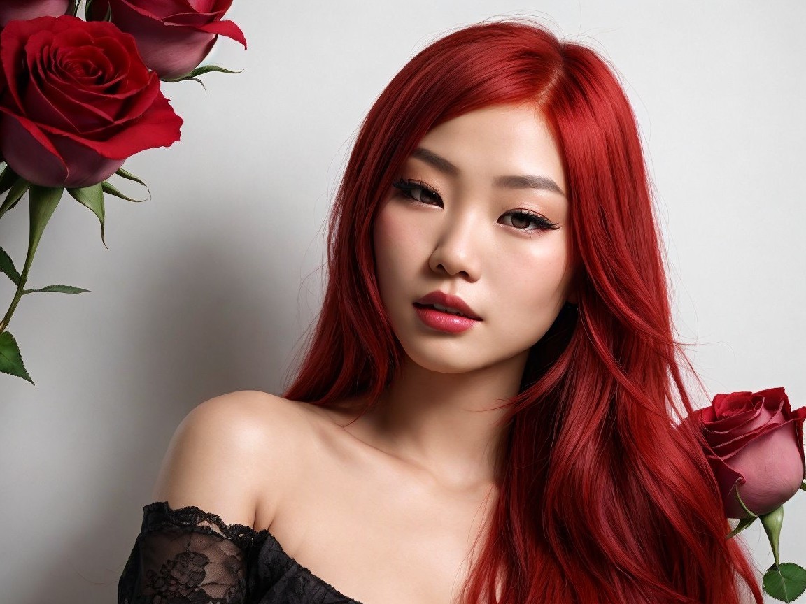 Young woman with red hair and dark roses backdrop