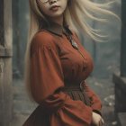 Young woman in vintage dress with artistic background