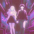 Futuristic Couple in Neon Digital Landscape