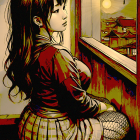 Young woman in stylish outfit by a window