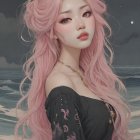 Ethereal figure by ocean under starry sky with moons