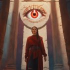 Young woman in ancient temple with mystical eye mural