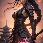 Fierce Warrior in Sunset with Cherry Blossoms and Sword