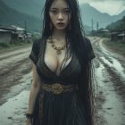 Woman in Traditional Dress with Mountain Backdrop