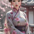 Young Woman in Floral Kimono Amid Cherry Blossoms