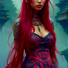 Mystical Figure with Red Hair in Ancient Architecture