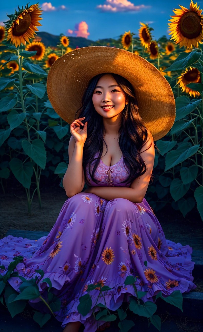 Young woman in lavender dress among sunflowers